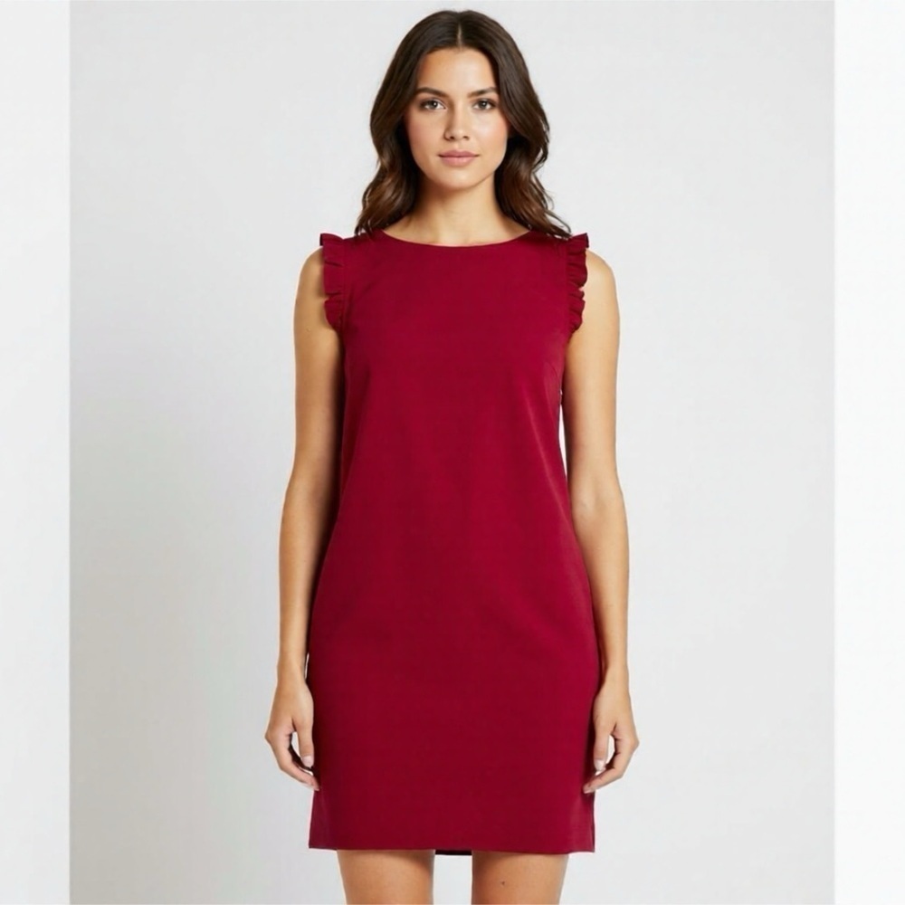 Nicole Miller Red Shift Dress Ruffle Cap Sleeves Size 12 Mini Lightweight
